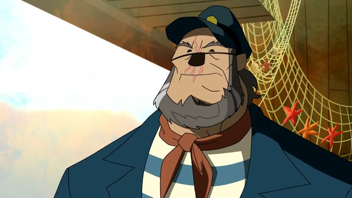 Skipper Shelton in "Scooby- Doo Mystery Incorporated," standing beside his clam shop, complete with his nose patch. 
